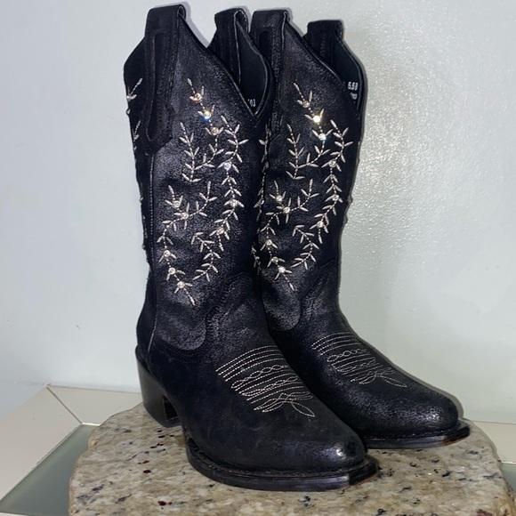 J.B. Dillon Black Leather Embroidered Rhinestone Snip Toe Western Boots 5.5 B - Picture 15 of 15